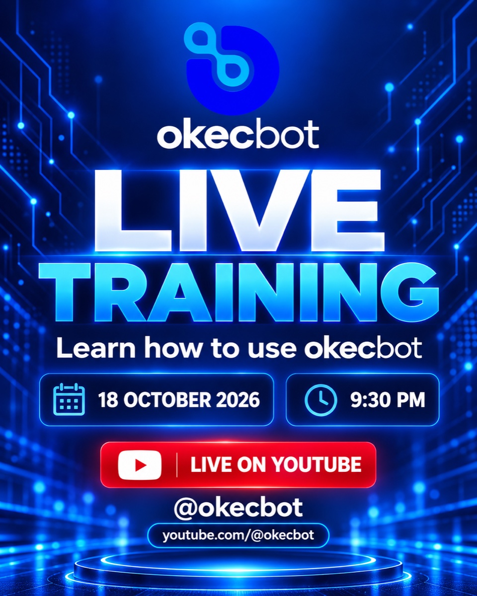 okecbot Live Training poster. Sunday 18 October 2026 at 9:30 PM on YouTube.